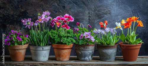 Spring flowers of different colors in pots