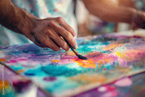 Artist's Hands Creating a Colorful Abstract Painting on Canvas