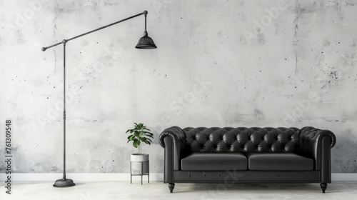 Urban Chic Living Room Setup with Black Leather Sofa and Metal Floor Lamp
