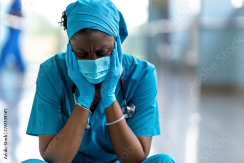 black woman medical worker overworked burnout stress photo