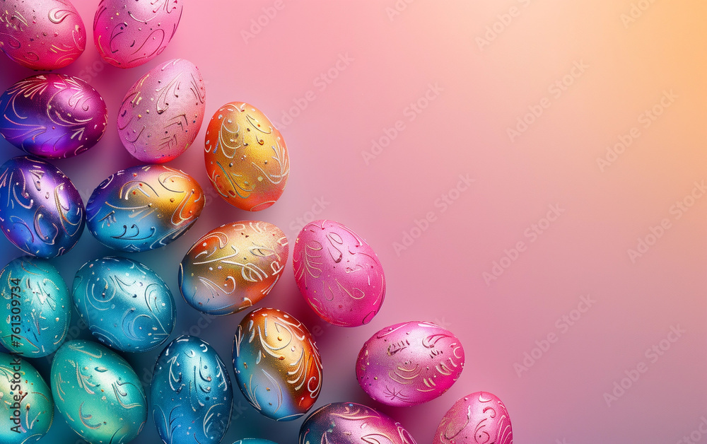 Holographic metallic easter eggs on gradient background with copy space: a top-view vibrant and colorful easter banner