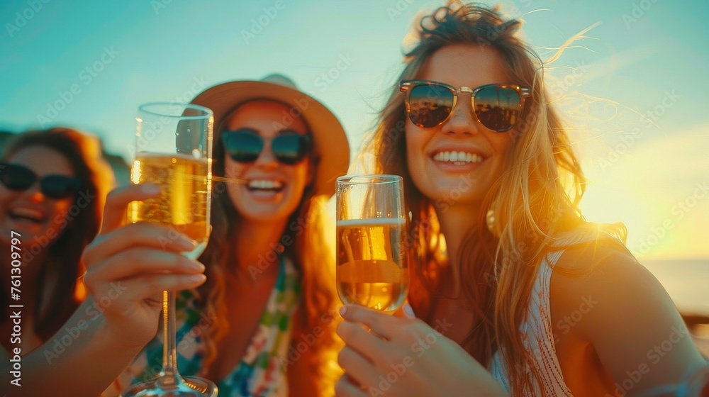 Beautiful young woman smiling and looking at the camera, friends relaxing on luxury yacht and drinking champagne, having fun together Beautiful young woman smiling and looking at the camera, friends relaxing on luxury yacht and drinking champagne, having fun together