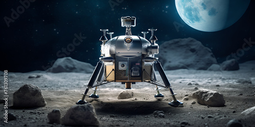 Lunar lander on the moons surface with earth in background, Indian chandrayaan 3 landing on moon from space, Generative AI photo