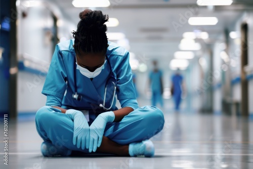 black woman medical worker overworked burnout stress, sad and tired depressed female african american nurse sits on hospital floor photo