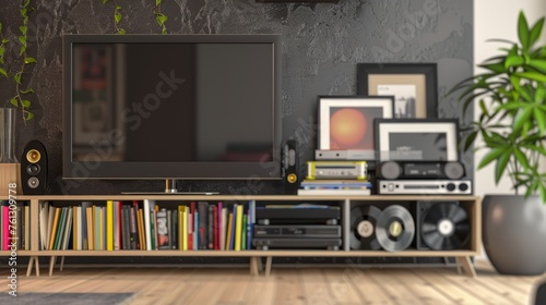 Modern Living Room with Wall-Mounted TV and Vintage Vinyl Records.