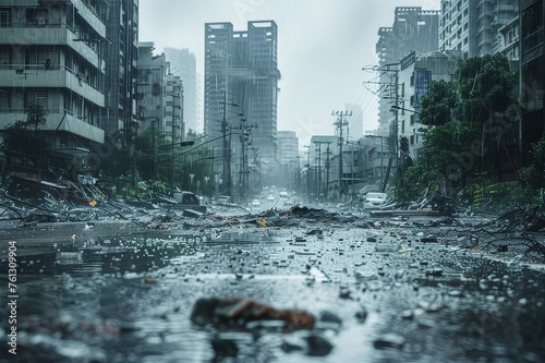 A city destroyed by a natural disaster. Pathogenesis destruction and severe flooding, water spill concept photo