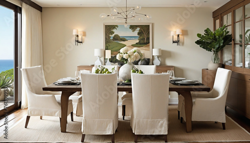 The lovely dining room below shows how versatile and elegant modern coastal decor can be From the soft ivory slipcovered chairs  to the large coral decorative piece on the credenza house interior
