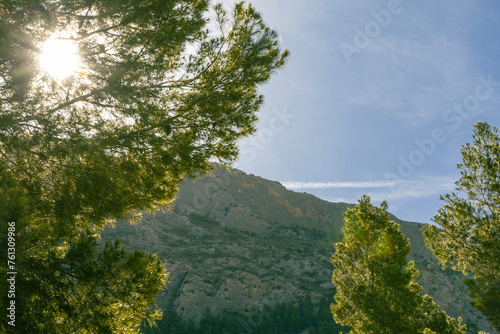 Mountain peaks in the distance and trees at the foot. Spain, Busot. sunny day photo