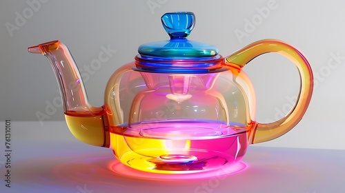 A futuristic teapot made of transparent acrylic, filled with neon-colored liquid for a bold and modern aesthetic