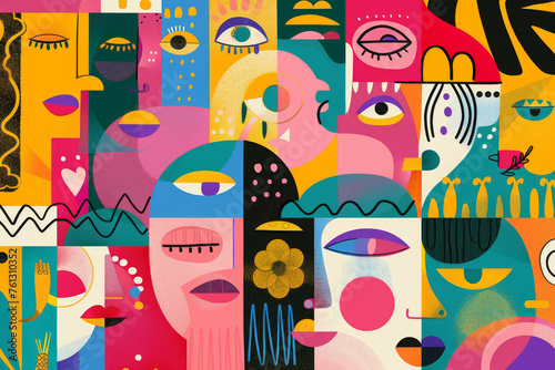 Vibrant Abstract Artwork with Geometric Patterns and Faces