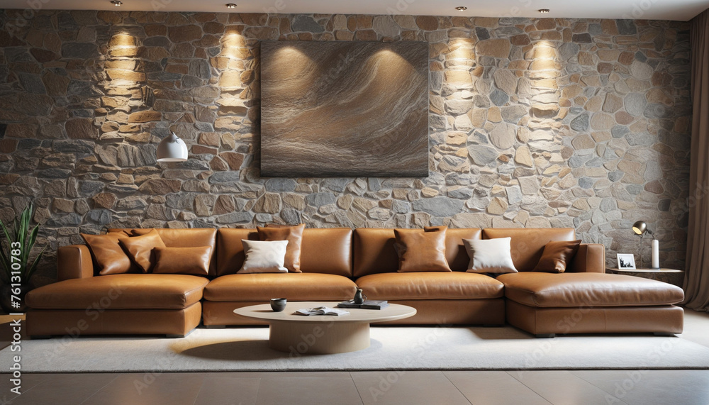 home interior design house beautiful background brown sofa upholstery with stone backdrop wall mock up room interior concept