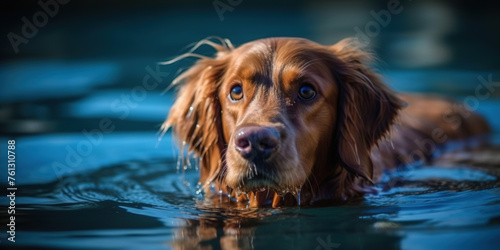 Dog enjoys swimming in pool filled with water. © Ievgen Skrypko
