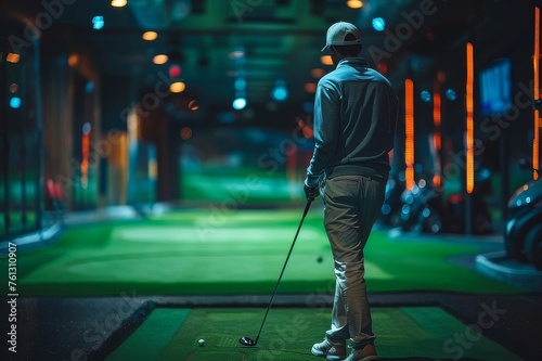 Professional male golfer holding club playing golf indoors on golf simulator concept photo