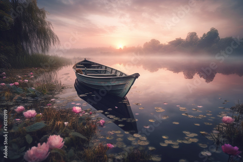 Stunning Morning View With A Fishing Boat Gently Resting On A Peaceful Pond'S Surface
