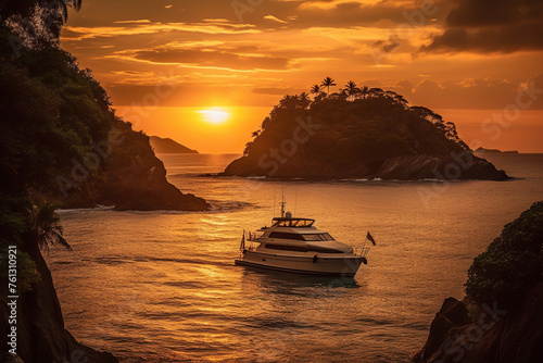 Sunset View Of A Tropical Bay With A Yacht Near An Island