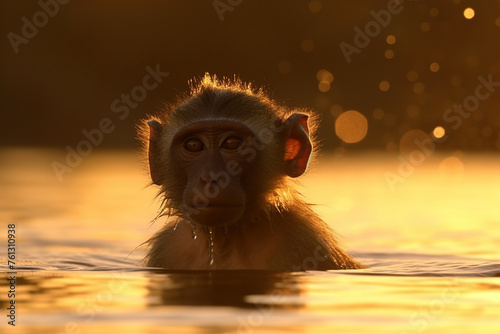 Sweet Monkey Portrait Bathing In Lake At Sunset