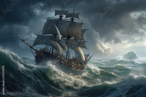 Large Ancient Sailing Boat Rocking On Huge Waves In A Storm