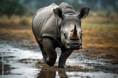 Large White Rhino Walks In Mud In Its Natural Habitat