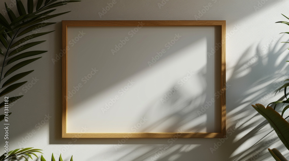 Sunlit Wooden Picture Frame on Wall with Plant Shadow Sunlit Wooden Picture Frame on Wall with Plant Shadow
