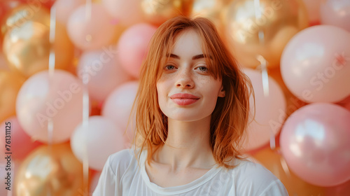 Portrait of a beautiful cheerful young woman, surrounded colorful balloons