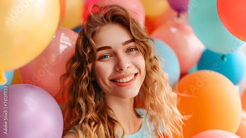Portrait of a beautiful cheerful young woman, surrounded colorful balloons © Oksana