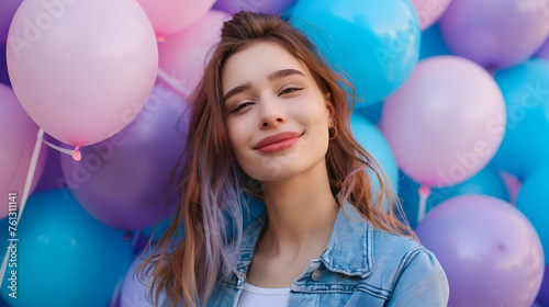 Portrait of a beautiful cheerful young woman, surrounded colorful balloons