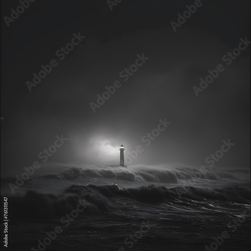 A lone lighthouse stands tall amidst crashing waves, casting its guiding light across the dark expanse of the ocean