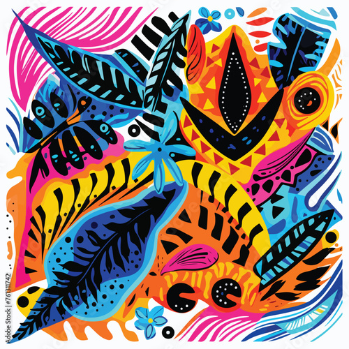 A vibrant batik fabric illustration with bold color