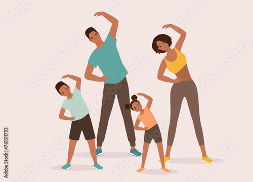 Smiling Black Family With Two Children Doing Warm-Up And Body Stretching Exercises. Full Length.