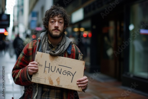 An handosme guy with a dirty beard begging on the street, he has ragged clothes, he is holding a cardboard sign and there is "HUNGRY" writing on it