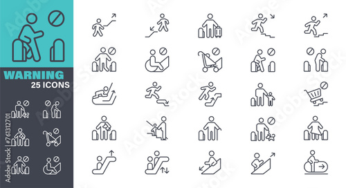 Escalator warning sign Icon set. Editable stroke. The set contains icons  Care  Assistance stock illustration. Icon Symbol  Alertness  People