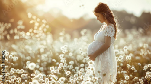 Young pregnant woman against the backdrop of sunny nature. Waiting for the birth of a child