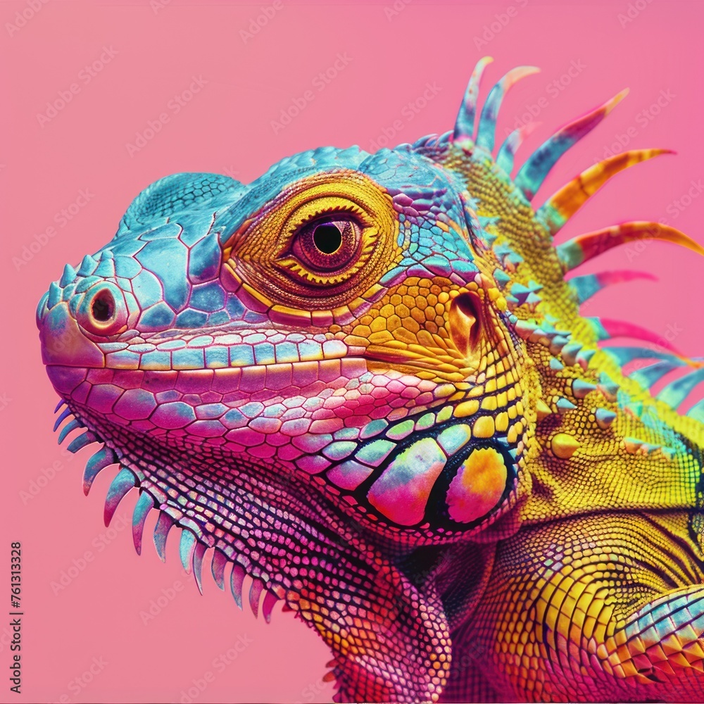 Captured against a pink background, the iguana's head is the central focus, with its scales digitally enhanced for a surreal, colorful effect