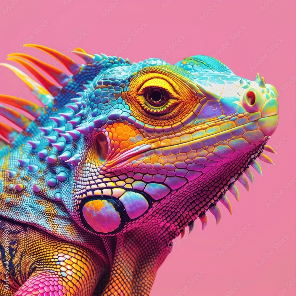 A digitally enhanced image of an iguana with a color saturation technique for a vivid look