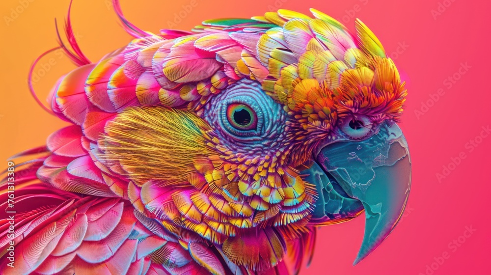 Obraz premium A side view of a parrot digitally enhanced to showcase neon feathers against a vivid pink background
