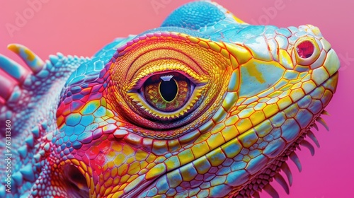 The eye-catching neon colors bring this iguana portrait to life  creating an almost otherworldly effect on a magenta backdrop