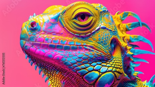 Close-up portrait of a vividly colored iguana against a seamless pink gradient  showcasing the beauty of wildlife