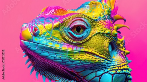 The mesmerizing gaze of an iguana captured in a close-up, highlighting its intricate scale patterns and vibrant colors photo