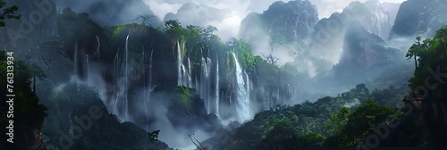 A majestic waterfall cascades down rugged cliffs  enveloped in mist and surrounded by lush greenery