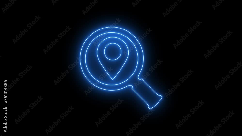Magnifying glass with pointer sign. Glowing neon line Search location icon isolated on black background. Magnifying glass with pointer sign. Glowing neon line Search location icon isolated on black background.