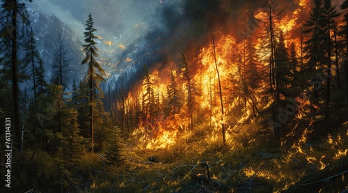 Forest fire peril Flames engulf wooded area threatening ecosystem. Generated by AI