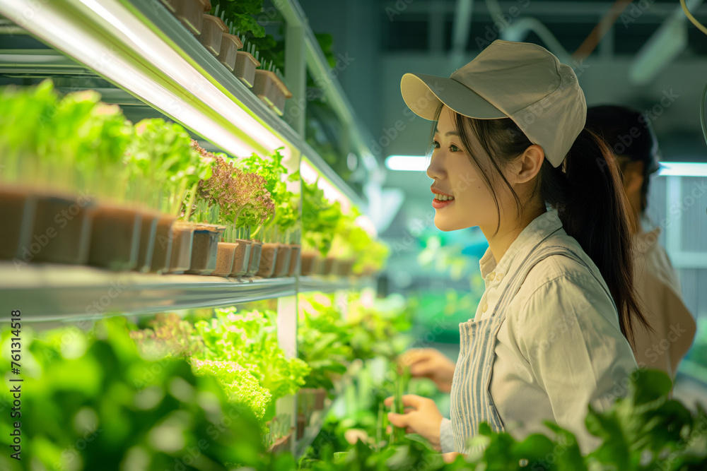 people grow food in a hydroponic farm
