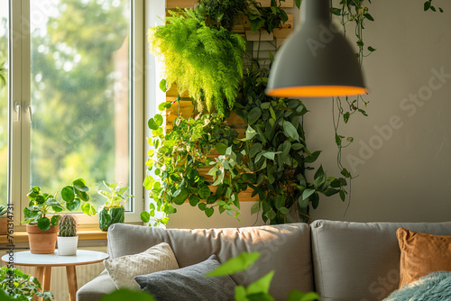 Modern living room with plants on the wall