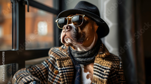 A dog dressed casually Sunglasses and a hat