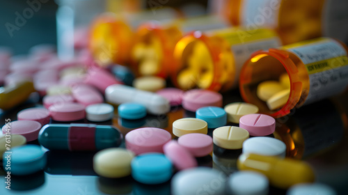 Closeup of assorted pharmaceutical pills and capsules, possibly antibiotics or pain medication photo