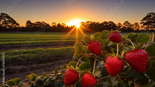 Sunlit strawberry fields capturing the charm of berry farming at dusk for a banner