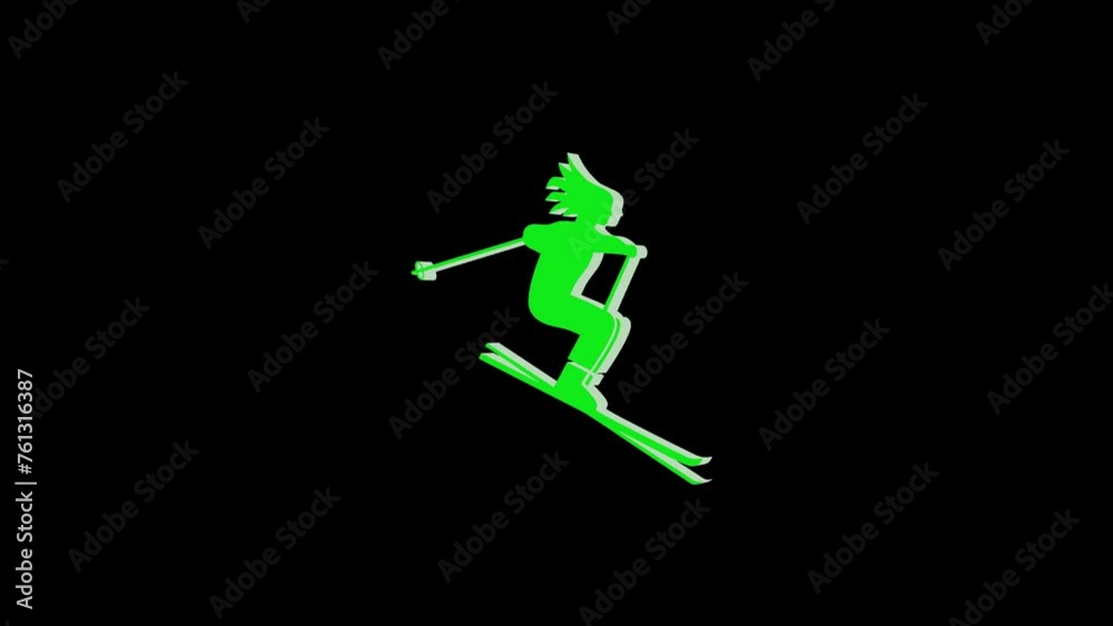 3d skiing logo icon loopable rotated green color animation black background 3d skiing logo icon loopable rotated green color animation black background