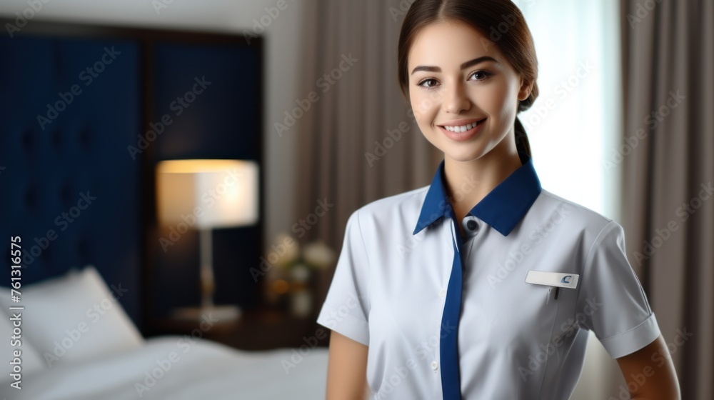 Chambermaid standing in hotel room bed background Chambermaid standing in hotel room bed background