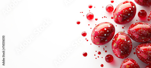 Beautiful red Easter eggs with white and gold decoration lie on a white background, top view. Happy Easter greeting card, banner with place for text, copy space
