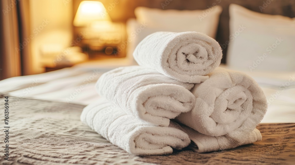 a white stack of towels in the hotel room. close-up - obrazy, fototapety, plakaty 